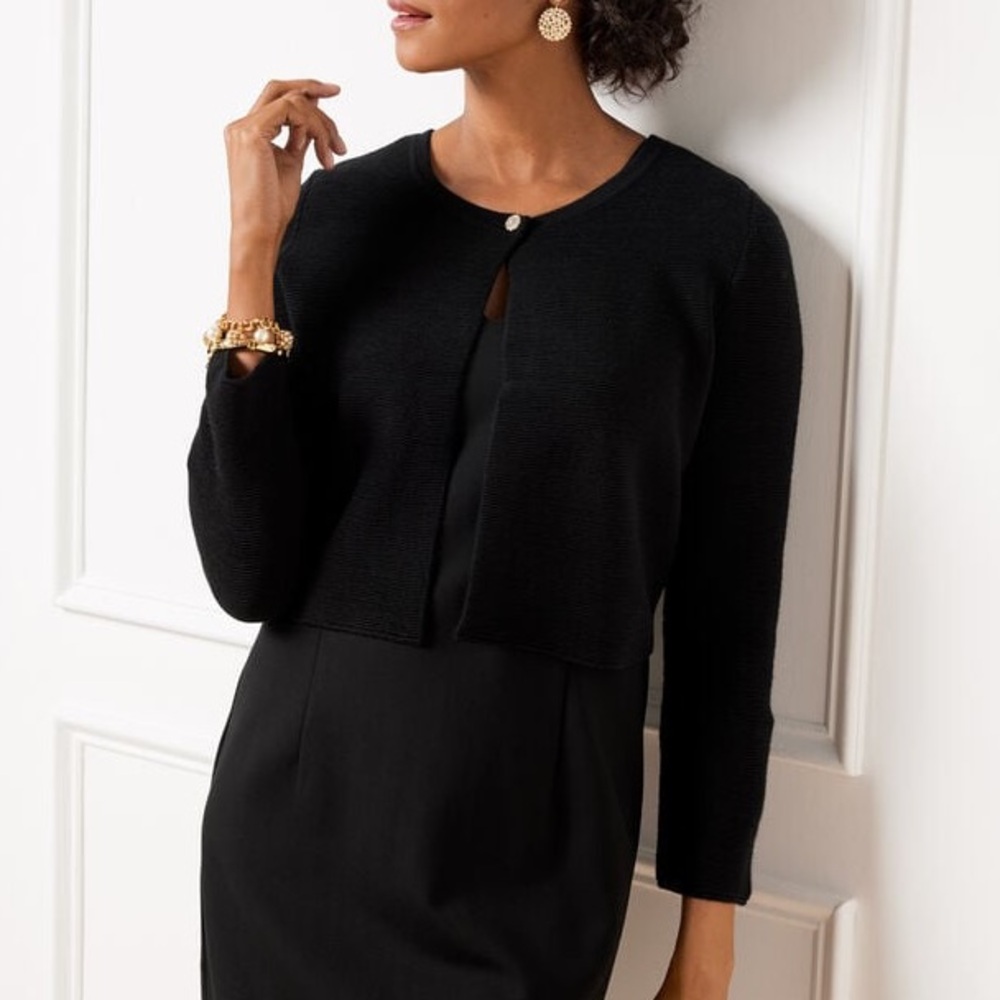NWT Talbots Crystal Pearl Button 3/4 Sleeve Shrug Cropped Rib Sweater Black 1X